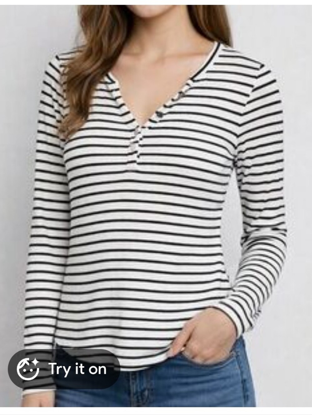White House Black Market Black & White Striped Long-Sleeve Henley